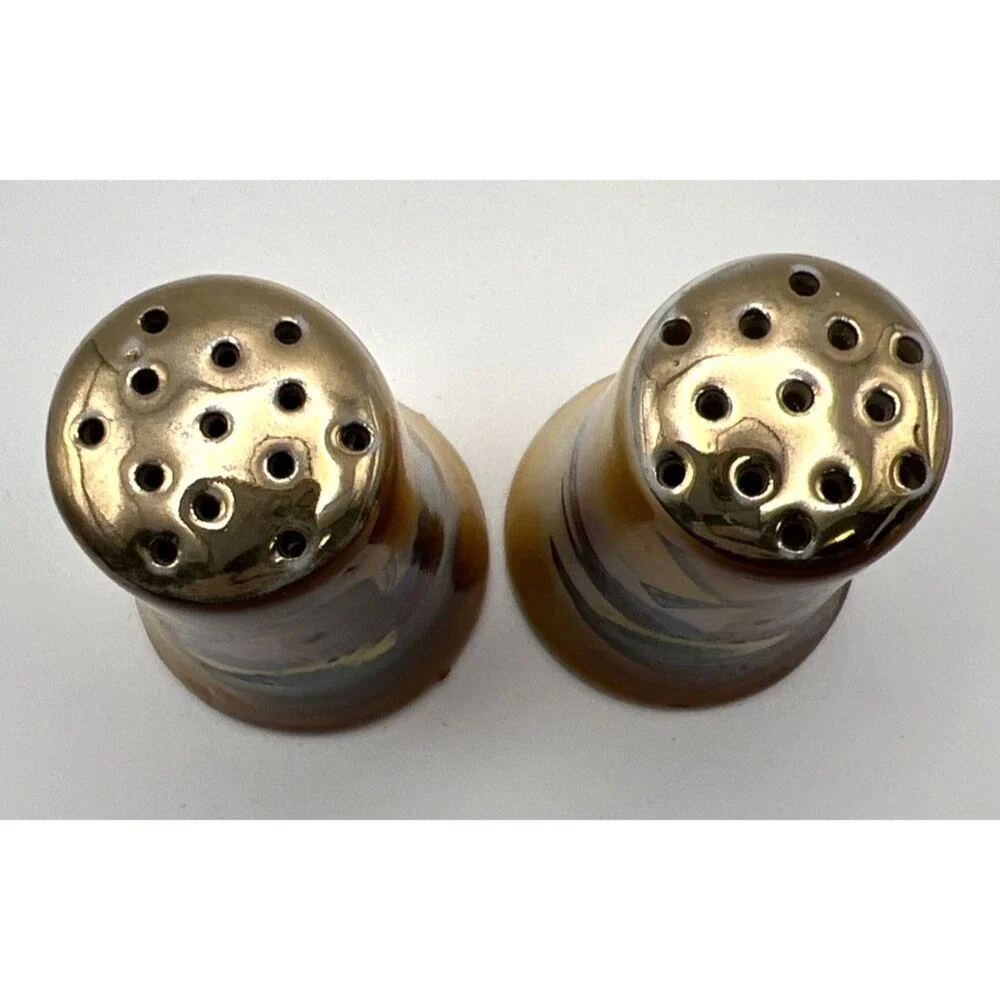 Vtg Chikaramachi of Japan Hand Painted Windmill Salt & Pepper Shakers Gold Tops